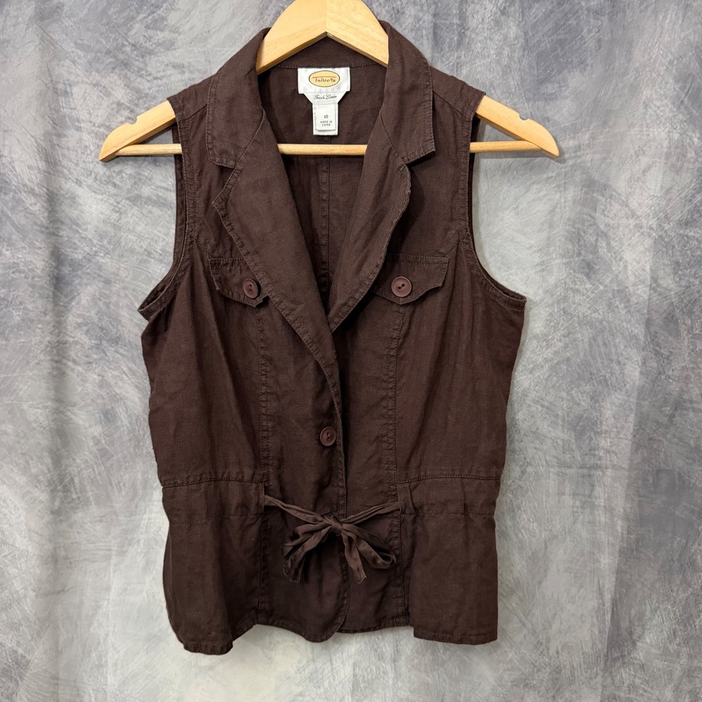 Talbots Brown Irish Linen Tie Waist Vest Womens 10 Utility Coastal Grandmother